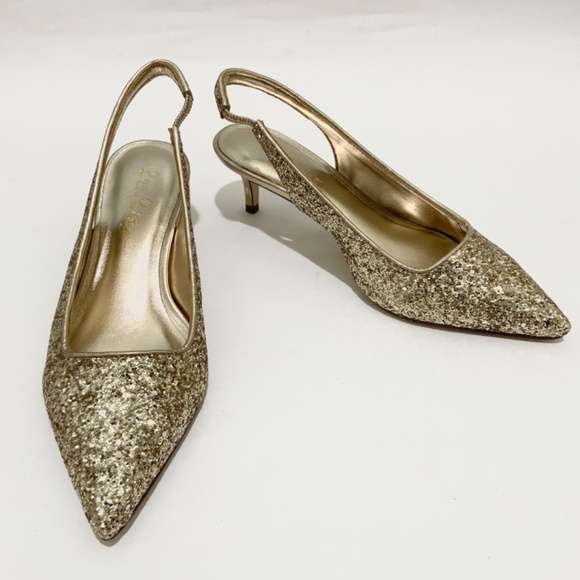 Lilly Pulitzer Shaina Slingback Gold Glitter Pump Pointed Toe Kitten Heel Shoe 6 - Picture 6 of 8